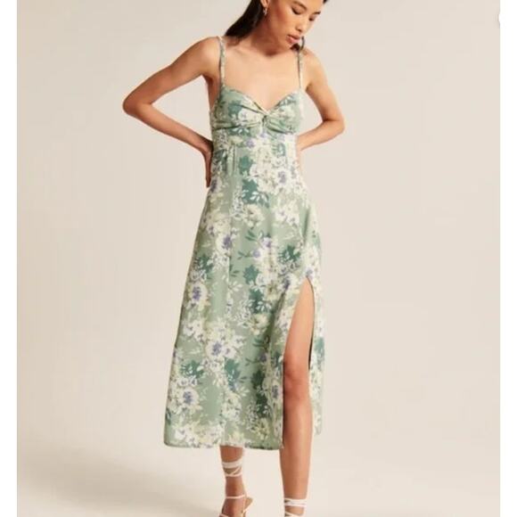 Abercrombie and Fitch Twist Front Sage Floral Midi Dress Size XS Summer Wedding - Picture 1 of 8